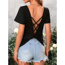 Solid Criss Cross Back V-neck T-Shirt, Casual Flutter Sleeve T-Shirt For Spring & Summer, Women's Clothing