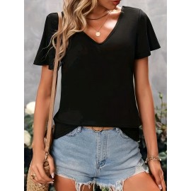 Solid Criss Cross Back V-neck T-Shirt, Casual Flutter Sleeve T-Shirt For Spring & Summer, Women's Clothing