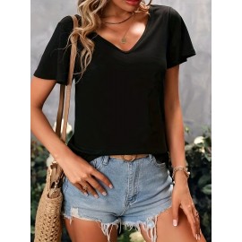 Solid Criss Cross Back V-neck T-Shirt, Casual Flutter Sleeve T-Shirt For Spring & Summer, Women's Clothing