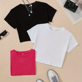 3 Pieces Crop T-shirts, Casual Crew Neck Short Sleeve T-Shirts For Spring & Summer, Women's Clothing