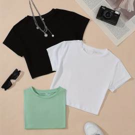 3 Pieces Crop T-shirts, Casual Crew Neck Short Sleeve T-Shirts For Spring & Summer, Women's Clothing