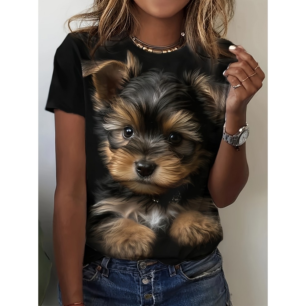 Cute Puppy Print T-Shirt, Casual Crew Neck Short Sleeve Top For Spring & Summer, Women's Clothing