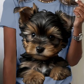 Cute Puppy Print T-Shirt, Casual Crew Neck Short Sleeve Top For Spring & Summer, Women's Clothing