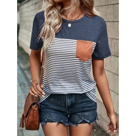 Striped Print Color Block T-Shirt, Casual Crew Neck Short Sleeve Top For Spring & Summer, Women's Clothing