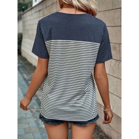 Striped Print Color Block T-Shirt, Casual Crew Neck Short Sleeve Top For Spring & Summer, Women's Clothing