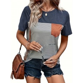 Striped Print Color Block T-Shirt, Casual Crew Neck Short Sleeve Top For Spring & Summer, Women's Clothing