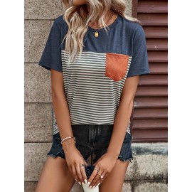 Striped Print Color Block T-Shirt, Casual Crew Neck Short Sleeve Top For Spring & Summer, Women's Clothing