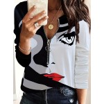 Abstract Graphic Print Zip Front T-Shirt, Casual Long Sleeve Top For Spring & Fall, Women's Clothing