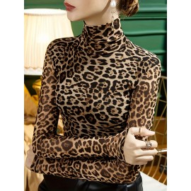 Leopard Print Turtleneck T-Shirt, Casual Long Sleeve Top For Spring & Fall, Women's Clothing