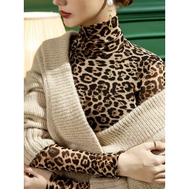 Leopard Print Turtleneck T-Shirt, Casual Long Sleeve Top For Spring & Fall, Women's Clothing