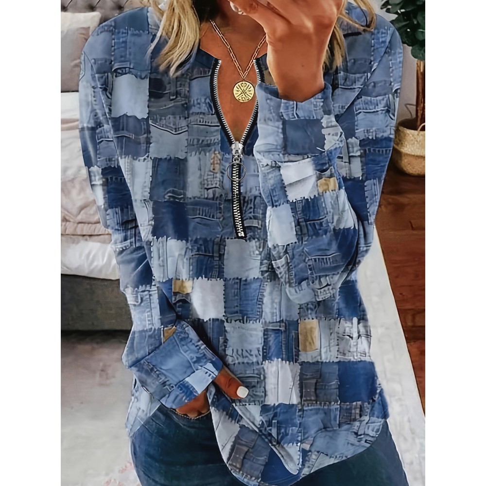 Patchwork Zipper T-shirt, Casual Crew Neck Long Sleeve Summer T-shirt, Women's Clothing