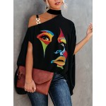 Abstract Portrait Print Choker Neck T-Shirt, Casual Chain Batwing Sleeve Top For Spring & Summer, Women's Clothing