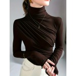 Solid Ruched Mock Neck T-Shirt, Elegant Long Sleeve Top For Spring & Fall, Women's Clothing