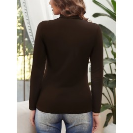 Solid Ruched Mock Neck T-Shirt, Elegant Long Sleeve Top For Spring & Fall, Women's Clothing