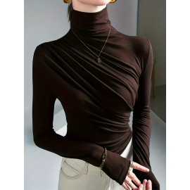 Solid Ruched Mock Neck T-Shirt, Elegant Long Sleeve Top For Spring & Fall, Women's Clothing