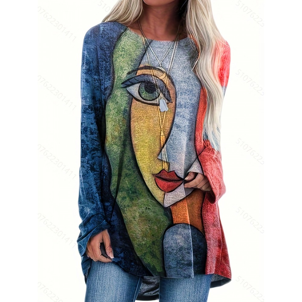 Abstract Face Print Crew Neck T-shirt, Casual Long Sleeve Top For Spring & Fall, Women's Clothing