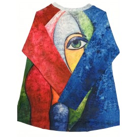 Abstract Face Print Crew Neck T-shirt, Casual Long Sleeve Top For Spring & Fall, Women's Clothing