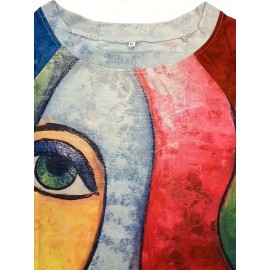 Abstract Face Print Crew Neck T-shirt, Casual Long Sleeve Top For Spring & Fall, Women's Clothing