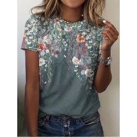 Vintage Floral Print T-Shirt, Short Sleeve Crew Neck Casual Top For Summer & Spring, Women's Clothing