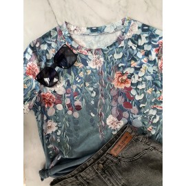 Vintage Floral Print T-Shirt, Short Sleeve Crew Neck Casual Top For Summer & Spring, Women's Clothing