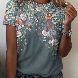 Vintage Floral Print T-Shirt, Short Sleeve Crew Neck Casual Top For Summer & Spring, Women's Clothing