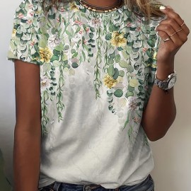 Vintage Floral Print T-Shirt, Short Sleeve Crew Neck Casual Top For Summer & Spring, Women's Clothing