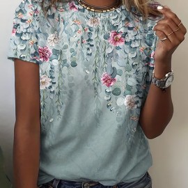 Vintage Floral Print T-Shirt, Short Sleeve Crew Neck Casual Top For Summer & Spring, Women's Clothing