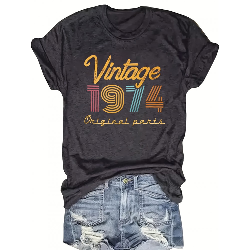 Vintage 1974 Print Crew Neck T-shirt, Casual Short Sleeve Top For Spring & Summer, Women's Clothing