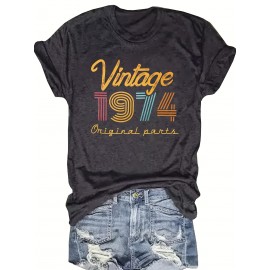 Vintage 1974 Print Crew Neck T-shirt, Casual Short Sleeve Top For Spring & Summer, Women's Clothing