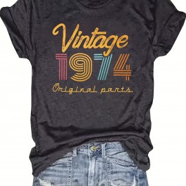 Vintage 1974 Print Crew Neck T-shirt, Casual Short Sleeve Top For Spring & Summer, Women's Clothing