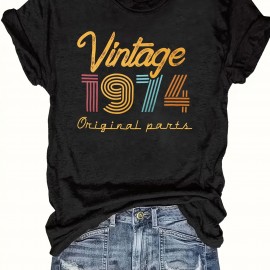 Vintage 1974 Print Crew Neck T-shirt, Casual Short Sleeve Top For Spring & Summer, Women's Clothing