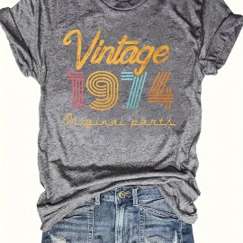 Vintage 1974 Print Crew Neck T-shirt, Casual Short Sleeve Top For Spring & Summer, Women's Clothing