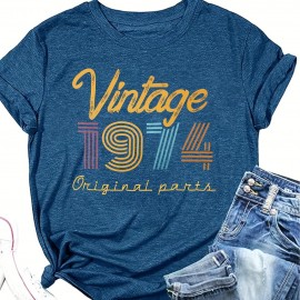 Vintage 1974 Print Crew Neck T-shirt, Casual Short Sleeve Top For Spring & Summer, Women's Clothing