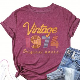 Vintage 1974 Print Crew Neck T-shirt, Casual Short Sleeve Top For Spring & Summer, Women's Clothing