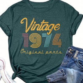 Vintage 1974 Print Crew Neck T-shirt, Casual Short Sleeve Top For Spring & Summer, Women's Clothing