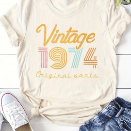 Vintage 1974 Print Crew Neck T-shirt, Casual Short Sleeve Top For Spring & Summer, Women's Clothing