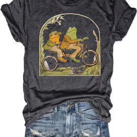 Cartoon Frog Print Crew Neck T-Shirt, Casual Short Sleeve Top For Spring & Summer, Women's Clothing