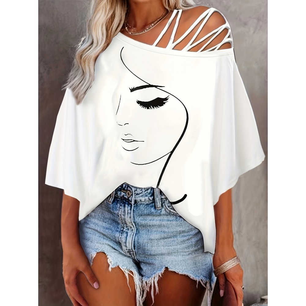 Sketch Print Slanted Shoulder T-shirt, Casual Summer T-shirt, Women's Clothing