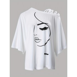 Sketch Print Slanted Shoulder T-shirt, Casual Summer T-shirt, Women's Clothing