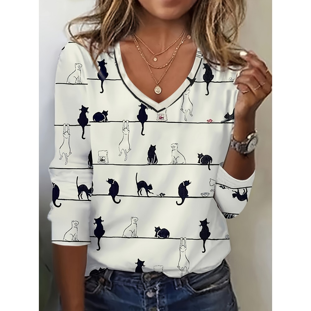 Cute Cat Print V Neck T-shirt, Casual Long Sleeve Top For Spring & Fall, Women's Clothing