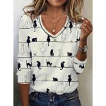 Cute Cat Print V Neck T-shirt, Casual Long Sleeve Top For Spring & Fall, Women's Clothing