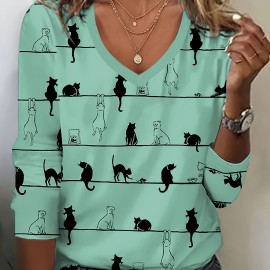 Cute Cat Print V Neck T-shirt, Casual Long Sleeve Top For Spring & Fall, Women's Clothing