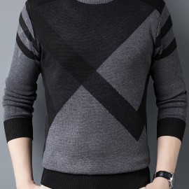 Men's Stylish Geometric Pattern Knitted Pullover, Casual Mid Stretch Breathable Long Sleeve Crew Neck Top For City Walk Street Hanging Outdoor Activities