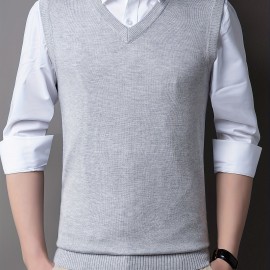 Casual Knitted Pullover, V-neck Sleeveless Thermal Jacket, Wool Vest, Men's Tank Top  For Autumn And Winter