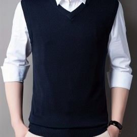 Casual Knitted Pullover, V-neck Sleeveless Thermal Jacket, Wool Vest, Men's Tank Top  For Autumn And Winter