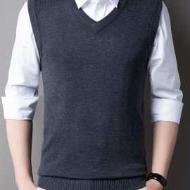 Casual Knitted Pullover, V-neck Sleeveless Thermal Jacket, Wool Vest, Men's Tank Top  For Autumn And Winter