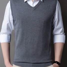 Casual Knitted Pullover, V-neck Sleeveless Thermal Jacket, Wool Vest, Men's Tank Top  For Autumn And Winter