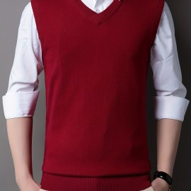 Casual Knitted Pullover, V-neck Sleeveless Thermal Jacket, Wool Vest, Men's Tank Top  For Autumn And Winter