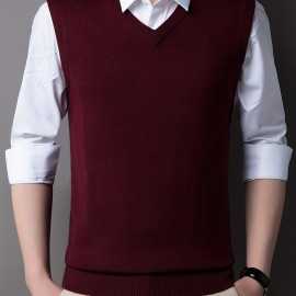 Casual Knitted Pullover, V-neck Sleeveless Thermal Jacket, Wool Vest, Men's Tank Top  For Autumn And Winter