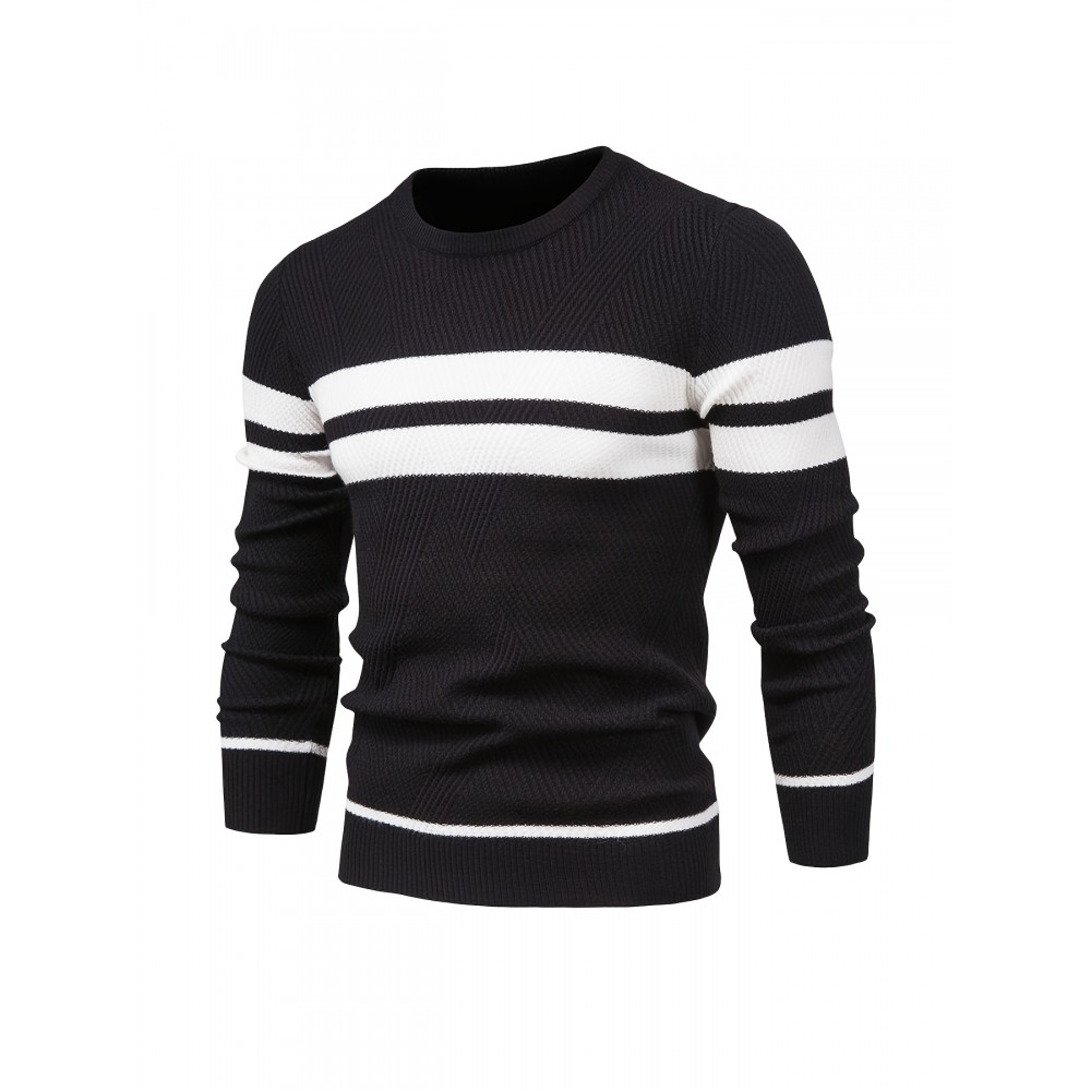 All-Match Striped Knitted Sweater, Men's Casual Warm High Stretch Crew Neck Pullover Sweater For Fall Winter